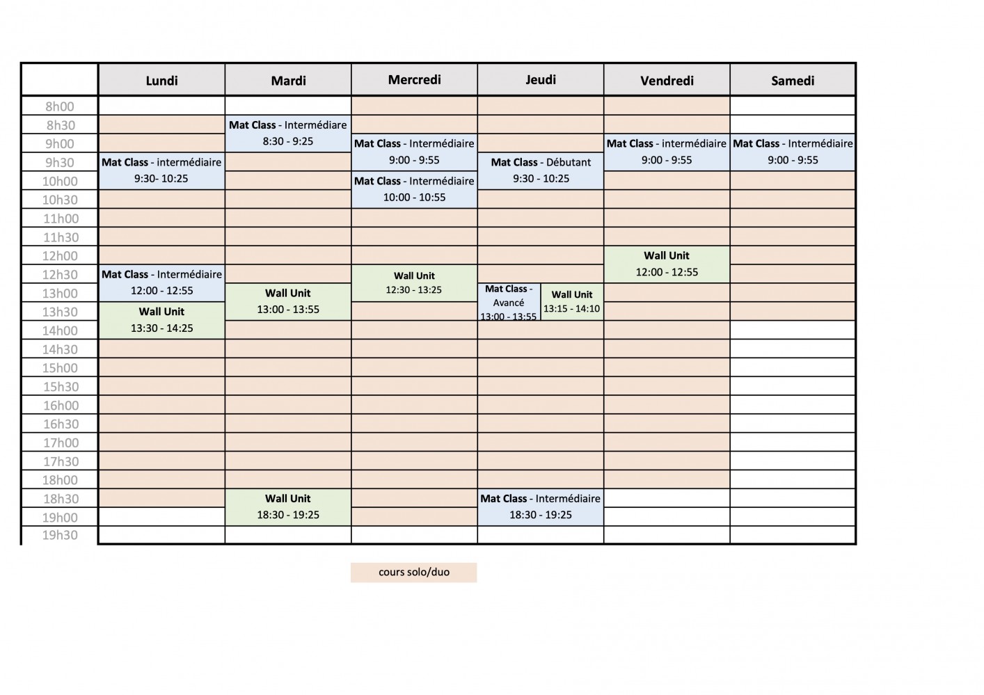 Planning cours collectifs et Wall-Unit